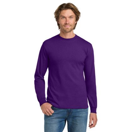 Custom Gildan - Heavy Cotton 100% Cotton Long Sleeve T-Shirt - Purple Front View  