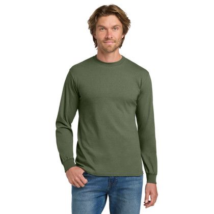 Custom Gildan - Heavy Cotton 100% Cotton Long Sleeve T-Shirt - Military Green Front View