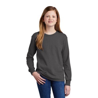 Custom Port & Company Youth Long Sleeve Core Cotton Tee - Girl Charcoal Front View 