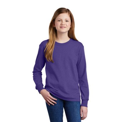 Custom Port & Company Youth Long Sleeve Core Cotton Tee - Girl Purple Front View 
