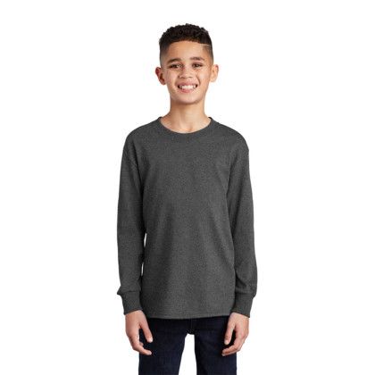 Custom Port & Company Youth Long Sleeve Core Cotton Tee - Dark heather grey Front View 
