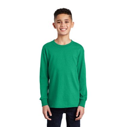 Custom Port & Company Youth Long Sleeve Core Cotton Tee - Kelly Green Front View 