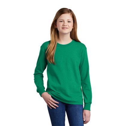 Custom Port & Company Youth Long Sleeve Core Cotton Tee - Girl Kelly Green Front View 