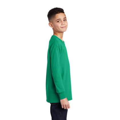 Custom Port & Company Youth Long Sleeve Core Cotton Tee - Kelly Green Side View 