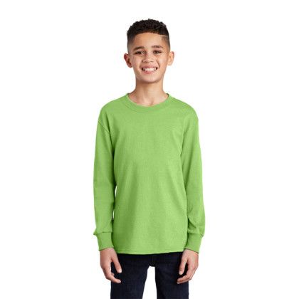 Custom Port & Company Youth Long Sleeve Core Cotton Tee - Lime Front View 
