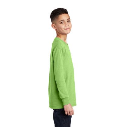 Custom Port & Company Youth Long Sleeve Core Cotton Tee - Lime Side View 