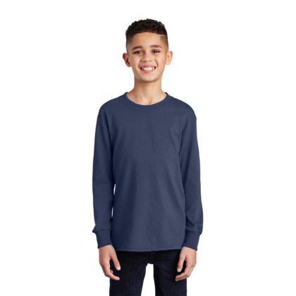 Custom Port & Company Youth Long Sleeve Core Cotton Tee - Navy Front View 
