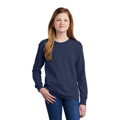 Custom Port & Company Youth Long Sleeve Core Cotton Tee - Girl Navy Front View 