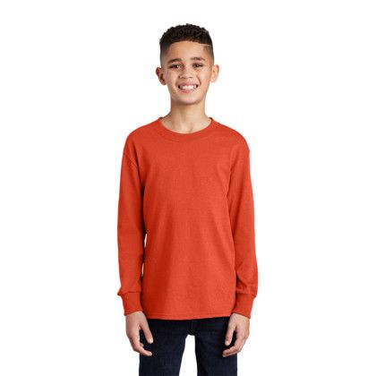 Custom Port & Company Youth Long Sleeve Core Cotton Tee - Orange Front View 