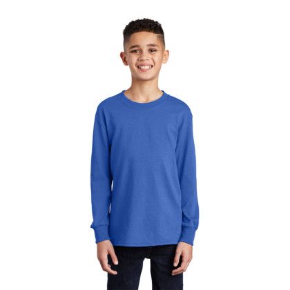 Custom Port & Company Youth Long Sleeve Core Cotton Tee - Royal Front View 