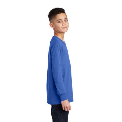 Custom Port & Company Youth Long Sleeve Core Cotton Tee - Royal Side View 