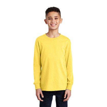 Custom Port & Company Youth Long Sleeve Core Cotton Tee - Yellow Front View 