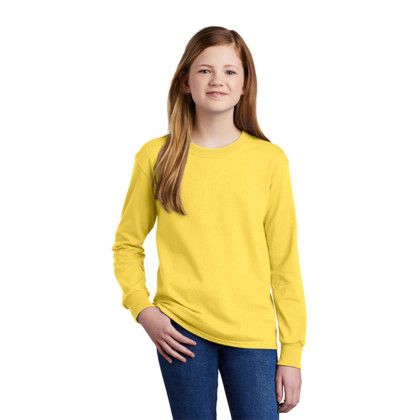 Custom Port & Company Youth Long Sleeve Core Cotton Tee - Girl Yellow Front View 