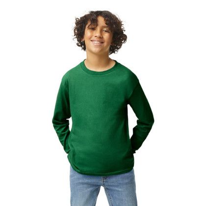 Custom Gildan Youth Heavy Cotton 100% Cotton Long Sleeve T-Shirt - Forest Green Front View 