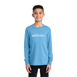 Custom Port & Company Youth Long Sleeve Core Cotton Tee - Aquatic Blue Front Side 