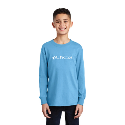 Custom Port & Company Youth Long Sleeve Core Cotton Tee - Aquatic Blue Front Side 