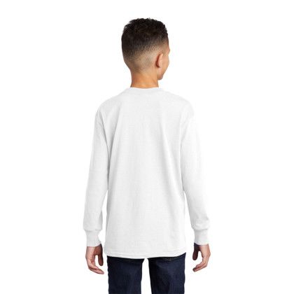 Custom Port & Company Youth Long Sleeve Core Cotton Tee - White Back View 