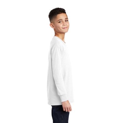 Custom Port & Company Youth Long Sleeve Core Cotton Tee- White Side View