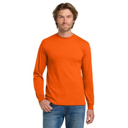 Custom Gildan - Heavy Cotton 100% Cotton Long Sleeve T-Shirt - Orange Front View  