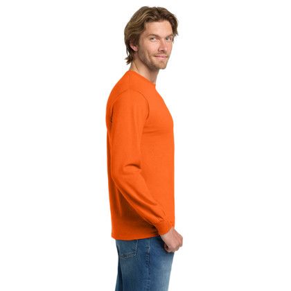 Custom Gildan - Heavy Cotton 100% Cotton Long Sleeve T-Shirt - Safety Orange Side View   