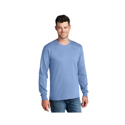 Custom Long Sleeve Color Cotton T-Shirt-Port & Company - Light blue Front Side