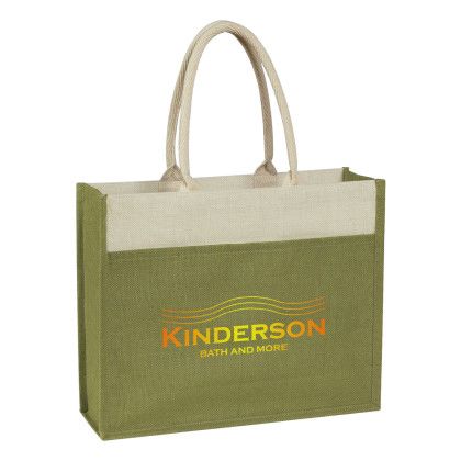 Custom Jute Tote Bag with Front Pocket - Light Green With Natural