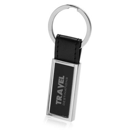 Custom Rectangular Metal & Leather Keychains - Black