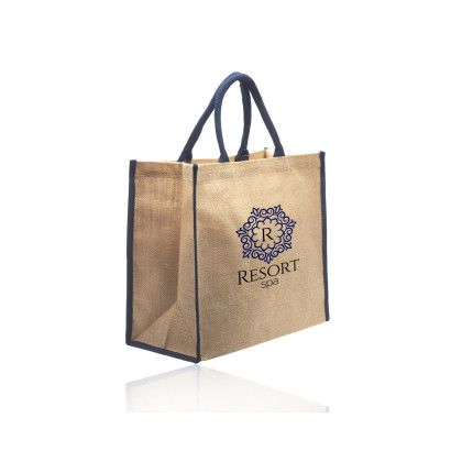 Custom Fresno Eco Friendly Jute Tote Bags - Blue Side View Custom Fresno Eco Friendly Jute Tote Bags - Blue Side View