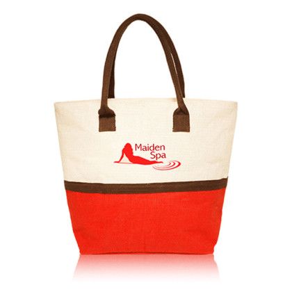 Custom Two-Tone Jute Beach Tote Bags - Red Custom Two-Tone Jute Beach Tote Bags - Red