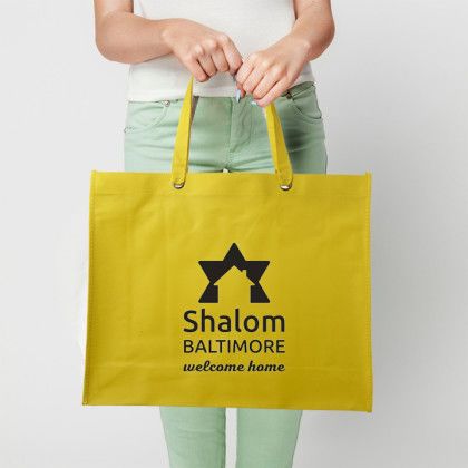 Custom Non-Woven Tote Bags - Yellow - Lifestyle Custom Non-Woven Tote Bags - Yellow - Lifestyle