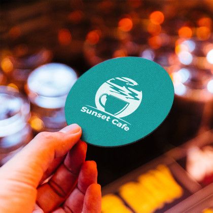 Custom 4 inch Round Foam Bud Coasters - Turquoise Lifestyle