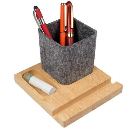 Custom Recycled Felt & Bamboo Pen Holder - Natural With Gray With Top View