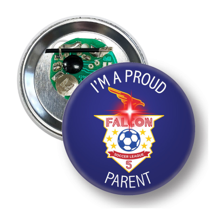 Custom 2.25" Round Celluloid Button with a Red Flashing LED Light - Multicolor Custom 2.25" Round Celluloid Button with a Red Flashing LED Light - Multicolor