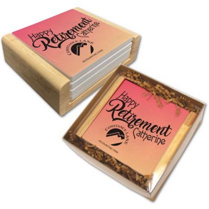 Custom Light Wood Stand Gift Set w/ 4 Square Coasters 