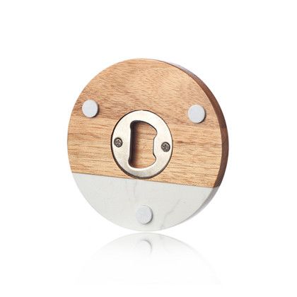 Custom Round Marble and Wood Coasters with Bottle Opener - White Back View Custom Round Marble and Wood Coasters with Bottle Opener - White Back View