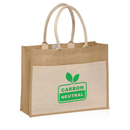 Custom Canvas Pocket Jute Tote Bags - Natural Side View Custom Canvas Pocket Jute Tote Bags - Natural Side View
