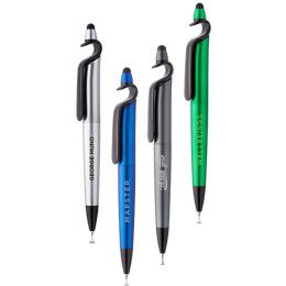 Custom 3-in-1 Plastic Pens with Stylus and Cell Stand - All Colors 