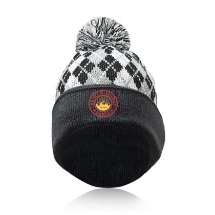 Custom Diamond Pattern Knitted Pompom Beanies - Grey Front View