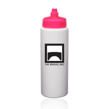 Custom 32 oz HDPE Plastic Water Bottles with Quick Shot Lid - Neon Pink 