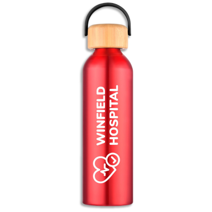 Custom Juno 24 oz Recycled Aluminum Water Bottle with Bamboo Lid - Red 