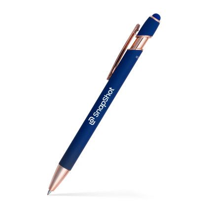 Custom Lexi Stylus Satin Soft Touch Gel Click Pen - Rose Gold (Recycled Aluminum) - Dark Blue