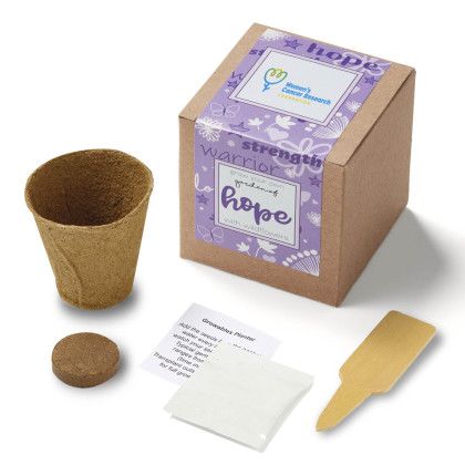 Custom Purple Garden of Hope Planter in Kraft Gift Box - Natural with Purple Custom Purple Garden of Hope Planter in Kraft Gift Box - Natural with Purple