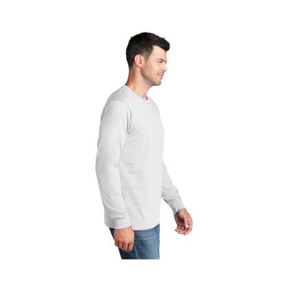 Custom Long Sleeve White Cotton Tee with Logo-Port & Company - White Side View