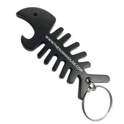 Custom Big Fish Bone Bottle Opener & Cord Winder Keychain - Black