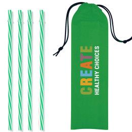 Custom Reusable Straws in Full Color Drawstring Pouch - Green
