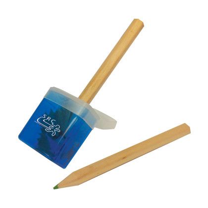 Custom Translucent Pencil Sharpener with Flip-Top Lids - Blue In Use 