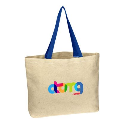Custom Full Color Natural Cotton Canvas Tote Bag - Natural with Navy Blue 