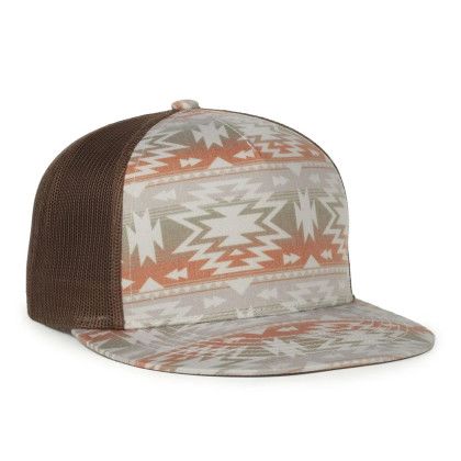 Custom Printed 5-panel Mesh Back - Sand Aztec/Brown Side View Custom Printed 5-panel Mesh Back - Sand Aztec/Brown Side View