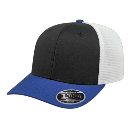 Custom Flexfit 110 Premium Trucker Mesh Back Cap - Faux Leather Applique - Black/royal/white