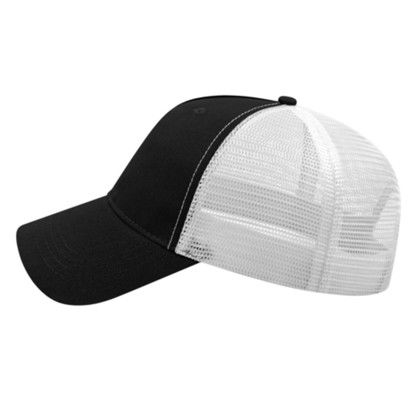 Custom X-tra Value Five Panel Trucker Mesh Back Cap - Faux Leather Applique - Black/white side view